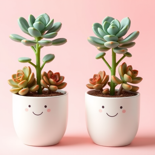 Generate a cute cartoon style image of two happy succulent plants in white pots on a light pink background, using a digital camera with a 50mm lens at f/2.8, ISO 100, and a soft focus effect for enhanced quality.