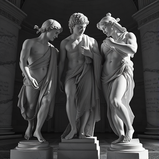 create a high-resolution image of three classical marble sculptures closely interacting with soft dramatic lighting, shoot with a DSLR camera at f/2.8 aperture, ISO 100, 50mm lens, using a low-angle view to emphasize the details and textures of the sculptures, in black and white style for a timeless effect.