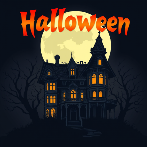 Create an illustration of a dark, Victorian-style haunted house set against a full moon. The house should be intricate, surrounded by twisted, barren trees, and evoke a spooky Halloween atmosphere. Above the house, include the word "Halloween" in a bold, orange gradient font. Use a ghostly, eerie style to bring the scene to life.