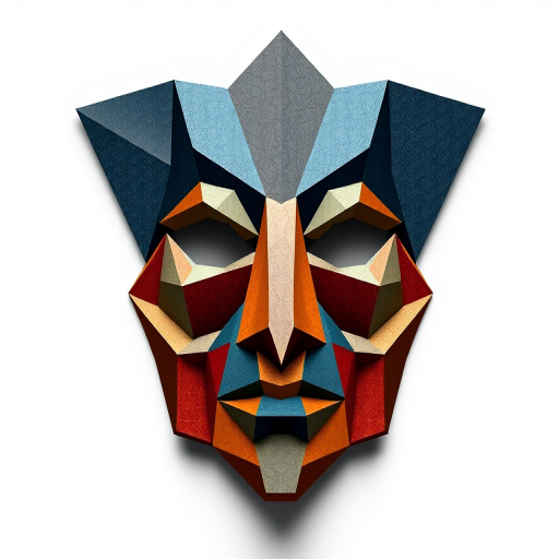 Create a high-resolution digital artwork of a geometric mask design resembling cubism using a DSLR camera at f/2.8 aperture, ISO 100, and a 50mm lens, capturing a slightly angled view with soft lighting for enhanced contrast and clarity.