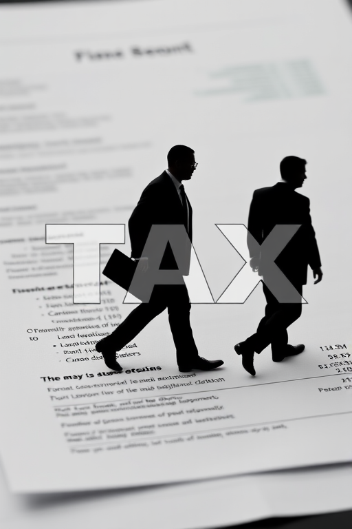 Generate an image of a financial document with a large "TAX" text overlay, featuring two silhouettes of businessmen walking away, using a Canon EOS 80D camera, 50mm lens, ISO 100, aperture f/1.8, and a soft focus background for depth.