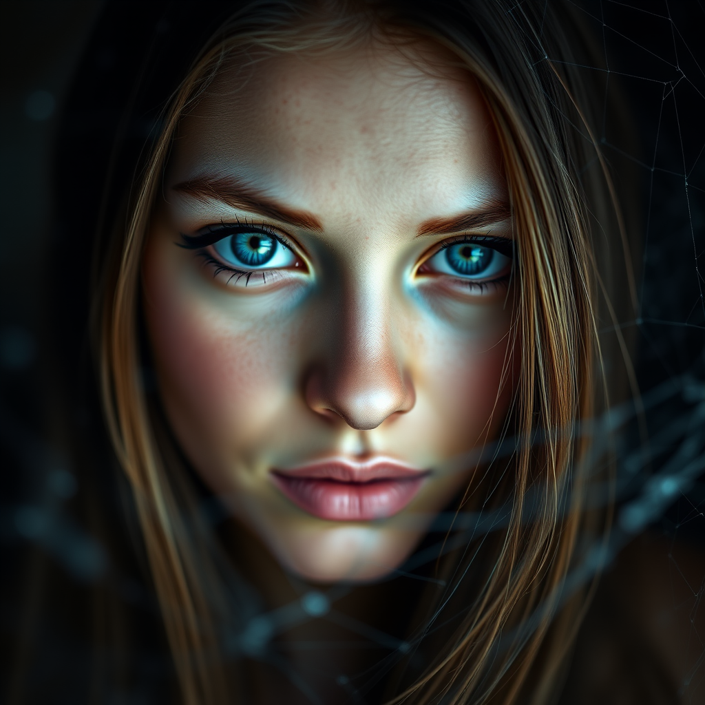 A stunning close-up portrait of a young woman with striking blue eyes and long hair partially covered in a spiderweb, dramatic lighting from above, ISO 100, f/1.8, 50mm lens, shallow depth of field, soft bokeh background, captured with a DSLR camera for high image quality.