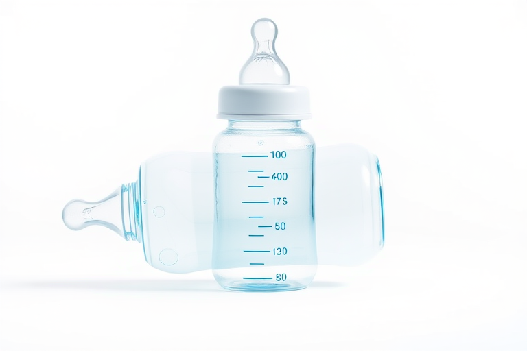 Create a high-resolution vector illustration of a baby bottle with clear measurement markings in blue, using a 50mm lens at f/2.8, ISO 100, in a studio setting with soft diffused lighting and a white background.