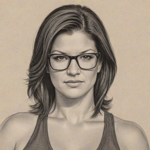 Delightful Gina Carano, pencil sketch, portrait of Attractive woman 1979s in glasses, hair style beatnik, outline, clear lines, fine lines, 8k