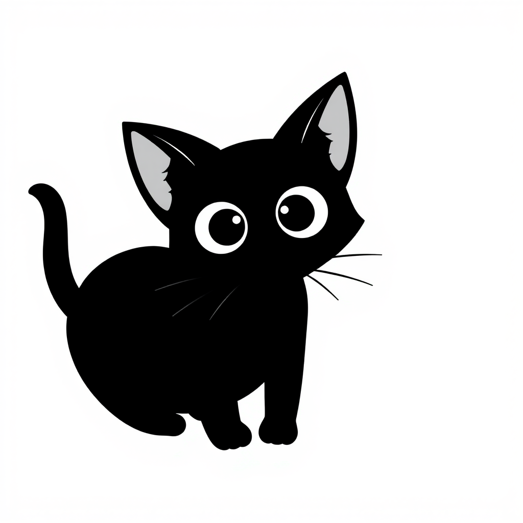 Create a black and white minimalist illustration of a cat. The cat should have large, round eyes and a simplistic, cartoonish style. Its ears should be tall and pointed, and its whiskers should be simple lines extending from its face. The background should be plain white to emphasize the cat's silhouette.