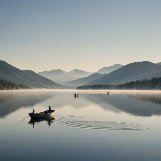 Crisp, early morning photo of a fishing boat on a calm lake, soft mist rising from the water, sunlight glinting off the surface, distant mountains reflected in the lake, the sound of birds chirping and the gentle splash of water from the oars.