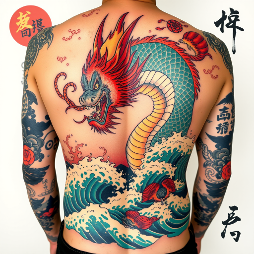Irezumi-inspired full back tattoo of a fierce dragon emerging from crashing waves, featuring vibrant colors and traditional Japanese motifs blended with modern tattooing techniques