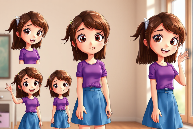 Generate a high-resolution image of a cartoon female character with two-tone brown hair, wearing a purple shirt and blue skirt, in various expressive poses; use a Canon EOS R5 camera, 50mm lens, f/1.8 aperture, 1/200 sec shutter speed, and natural light from a window for enhanced clarity and detail.