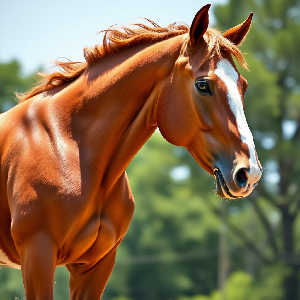 Create a realistic illustration of a muscular brown horse with white markings, captured in a dynamic pose, using a DSLR camera, 50mm lens, f/1.8 aperture, ISO 200, shot from a low angle to emphasize its stature in bright natural light.