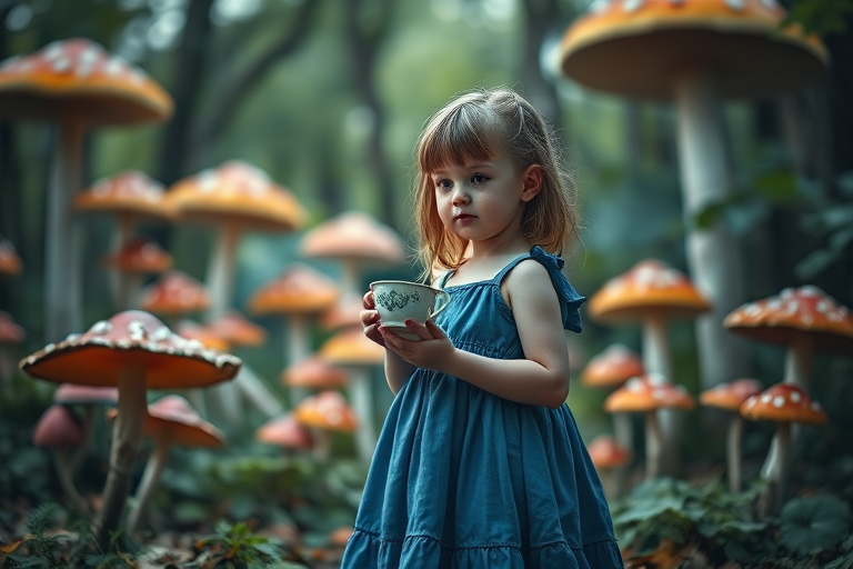 A young girl in a blue dress holding a teacup stands in a whimsical forest filled with oversized, colorful mushrooms, soft diffused lighting, 50mm lens, f/1.8 aperture, ISO 200, shot at dusk, cinematic style, shallow depth of field to enhance the background blur.