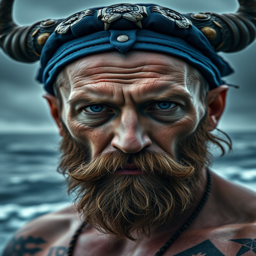 photorealistic portrait of a rugged man with a weathered face, wearing a horned blue headpiece, intense blue eyes, tattoos, and a flowing beard against a stormy sea backdrop, taken with a Canon EOS R5, 85mm f/1.2 lens, ISO 100, aperture f/1.2, shutter speed 1/200s, dramatic lighting, close-up shot