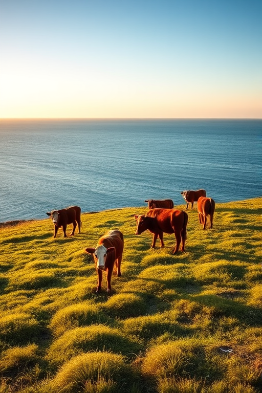 A scenic landscape featuring grazing cows on green grass near a calm blue ocean, captured with a Canon EOS 5D Mark IV, 35mm lens, f/8 aperture, ISO 100, in natural lighting during golden hour.