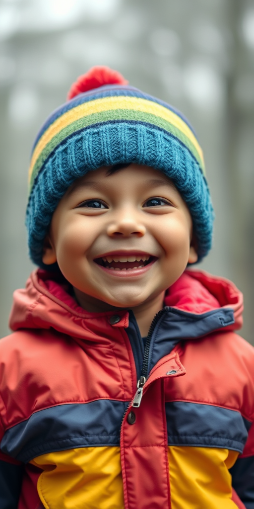 portrait of a joyful child wearing a colorful jacket and hat, smiling against a soft blurred background of trees in misty weather, DSLR camera, 50mm lens, aperture f/1.8, ISO 200, shutter speed 1/200s