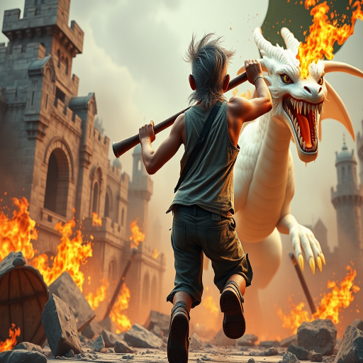 Cartoon 3D High-Resolution,dynamic battle scene using Unreal Engine 5 and Octane Render. The scene features back of an elderly, thai man with a beard,messy hair and round golden-rimmed glasses. He is wearing a tattered tank top with soot marks, shorts, and sandals. sweating. he wields a baseball bat. He jump to fight with a white fire-breathing Europe dragon amidst a partially destroyed stone castle. Include intense flames, smoke, and debris to enhance the dramatic effect.