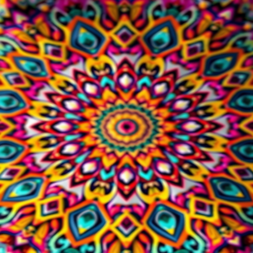 Create a vibrant mandala with intricate patterns and rich colors, using a macro lens at f/2.8 for shallow depth of field, ISO 100, and soft natural lighting, captured from a top-down perspective.