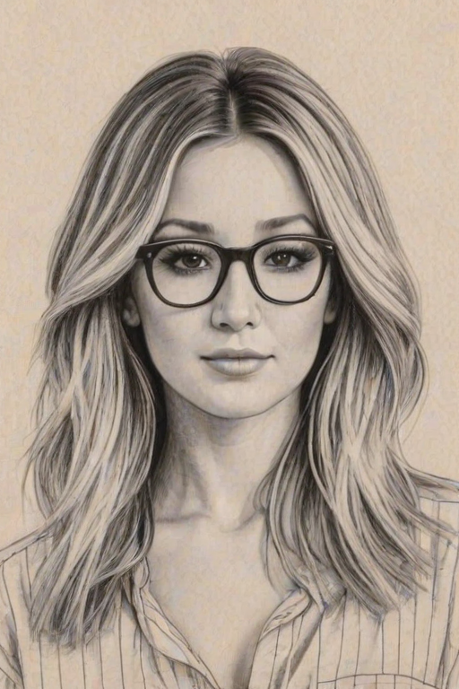 Elegant Ashley Tisdale, pencil sketch, portrait of Alluring woman 1980s in glasses, hair style beatnik, outline, clear lines, fine lines, 8k