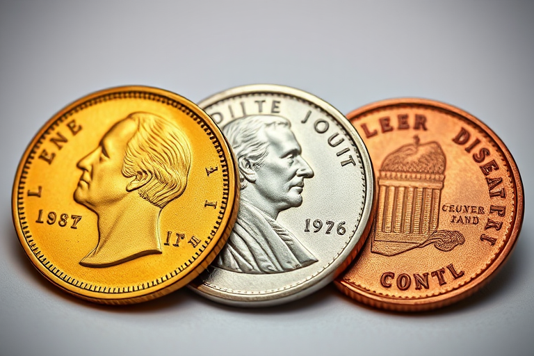 Create an image of three coins with distinct colors: one gold, one silver, and one copper, featuring a profile silhouette of a historical figure, shot with a DSLR camera at f/8 aperture, 1/125 sec shutter speed, ISO 100, using a close-up macro lens, in a well-lit studio setting.