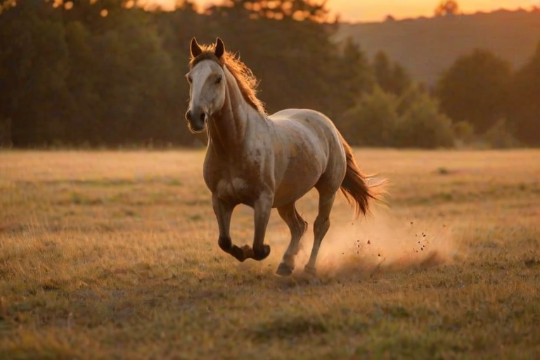 Blurry action shot of a horse galloping through a field at sunset, dust kicking up behind its hooves, with the soft orange glow of the evening sky lighting up the scene.