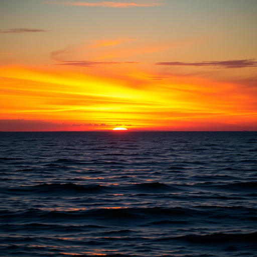 Create a high-resolution image of a vibrant sunset over a calm ocean, captured with a Canon EOS R5, 24mm lens, f/8 aperture, ISO 100, at a 1/125 sec shutter speed, using a wide-angle view to enhance the landscape depth and colors.