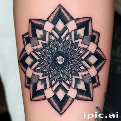 Mesmerizing optical illusion tattoo called "Dimensional Shift" that plays with perspective and visual perception. Intricate geometric patterns and shading techniques create the illusion of depth, movement, and three-dimensionality on the flat surface of the skin. Black and grey ink is used exclusively, enhancing the graphic impact of the mind-bending design.