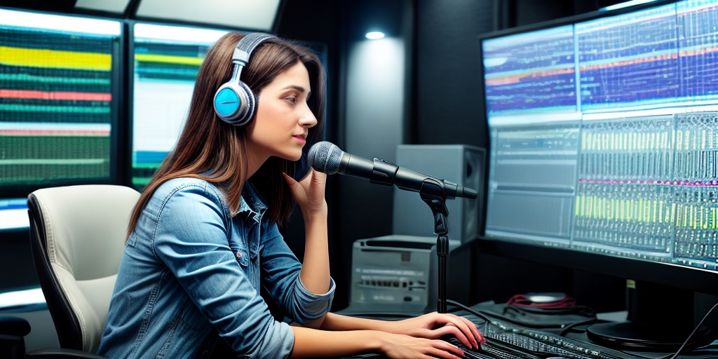female in radio studio with headphones and talking in ((studio microphone))