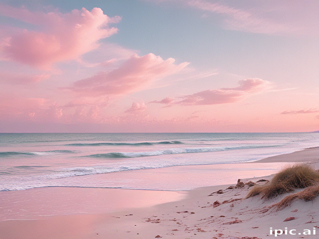 Tranquil Sunset Over Serene Beach with Soft Waves and Pink Skies