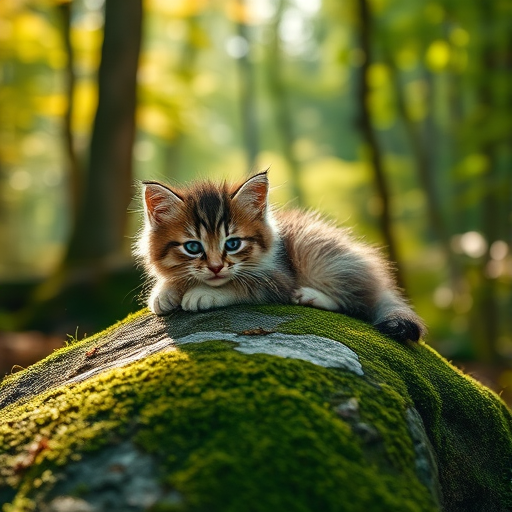 A fluffy kitten resting on a moss-covered stone in a lush, green forest with soft sunlight filtering through the trees, shot with a Canon EOS R5, 85mm lens, aperture f/1.8, ISO 100, shallow depth of field for a dreamy effect.