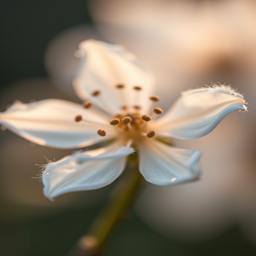 macro shot of a delicate white flower with fluffy seed fibers, soft bokeh background, Canon EOS 5D Mark IV, 100mm f/2.8L macro, ISO 100, f/2.8, 1/200s