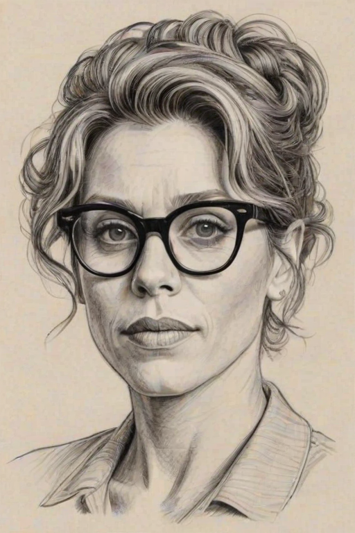 Alluring Frances McDormand, pencil sketch, portrait of Radiant woman 1958s in glasses, hair style beatnik, outline, clear lines, fine lines, 8k