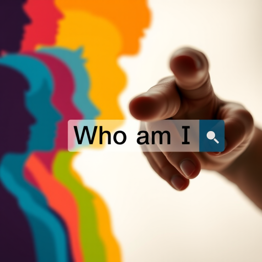 Create an image featuring a diverse range of colorful silhouette profiles on the left side and a close-up of a hand pointing, with the text "Who am I" creatively integrated within a search bar, shot with a DSLR camera at f/2.8 aperture, ISO 100, and a focal length of 50mm, using a shallow depth of field and natural lighting for enhanced image quality.