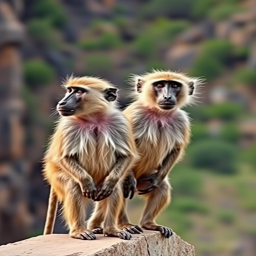 Generate a high-quality image of two baboons standing on a rocky ledge with a natural background, using a DSLR camera with a 50mm lens, aperture set to f/2.8, ISO 100, and a shutter speed of 1/250s for sharp focus and vivid detail.