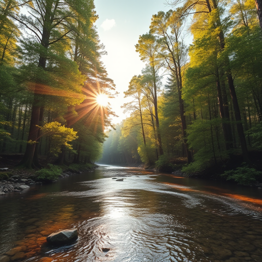 Create an image of a serene, sunlit forest scene with a clear, gently flowing river. Tall trees with lush green foliage line both sides of the river, their leaves bathed in the warm golden light of the setting or rising sun. The sunlight filters through the trees, casting soft, dappled light on the river, which flows over smooth rocks and pebbles, creating a peaceful, natural atmosphere. The sky is bright with a few scattered clouds, and the overall mood is tranquil, evoking a deep sense of connection with nature. The image captures the beauty of a calm, pristine forest landscape at either dawn or dusk.