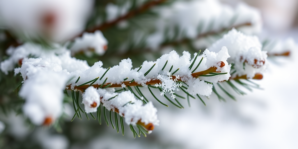 Close-up of a snow-covered evergreen branch with glistening snowflakes, shallow depth of field, soft natural lighting, aperture f/2.8, shutter speed 1/200s, ISO 100, macro lens, DSLR camera, captured from a low angle to emphasize the texture of the snow and greenery.
