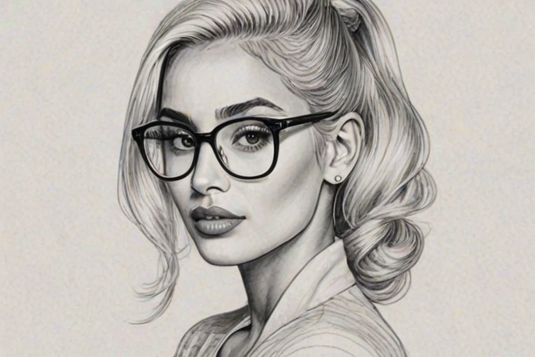 Fetching Pia Mia, pencil sketch, portrait of Appealing woman 1953s in glasses, hair style beatnik, outline, clear lines, fine lines, 8k