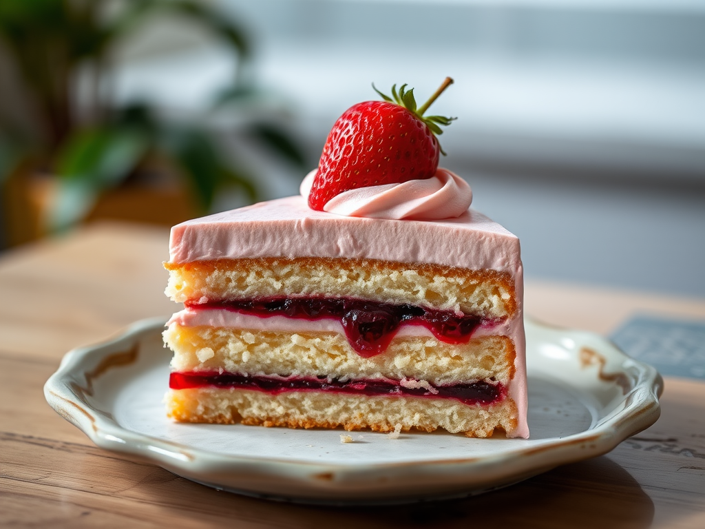 A slice of layered cake on a rustic plate featuring a light pink mousse topping with a strawberry on top a layer of berry jam and a soft vanilla sponge base, indoor lighting with a soft focus background