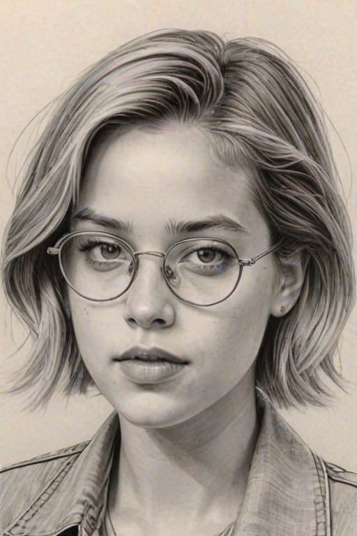Delightful Cole Sprouse, pencil sketch, portrait of Fetching woman 1976s in glasses, hair style beatnik, outline, clear lines, fine lines, 8k