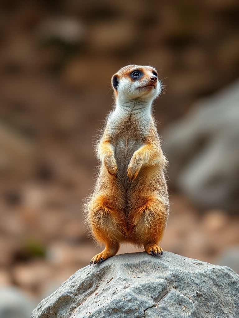 a standing meerkat on a rock in a natural habitat, captured with a Canon EOS 5D Mark IV, 85mm lens, f/2.8 aperture, ISO 200, natural light, shallow depth of field, soft focus background, high dynamic range, medium close-up view