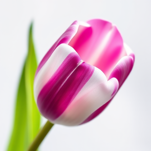 Create a high-resolution image of a purple and white tulip on a transparent background, using a DSLR camera with a 50mm lens, aperture set to f/2.8, ISO 100, in natural light, with a shallow depth of field for a soft background blur.