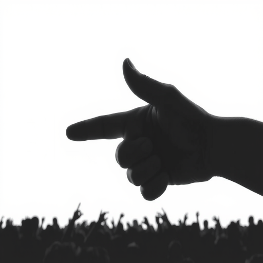 Create an image of a hand pointing at the word "BLOG" in large, bold white letters on a plain white background with a silhouette of a crowd below; use a DSLR camera with a 50mm lens, aperture set to f/2.8, ISO 100, and a shallow depth of field for enhanced focus and clarity.