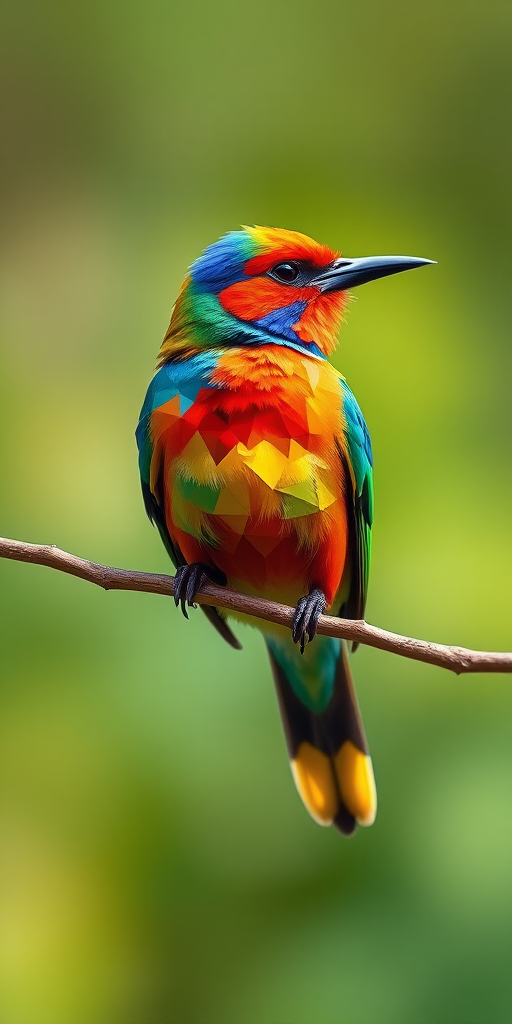 Create a high-resolution geometric abstract illustration of a colorful bird perched on a branch with sharp triangular facets, using a shallow depth of field, 50mm lens, f/2.8 aperture, ISO 100, natural daylight, focus on vibrant colors and contrast.