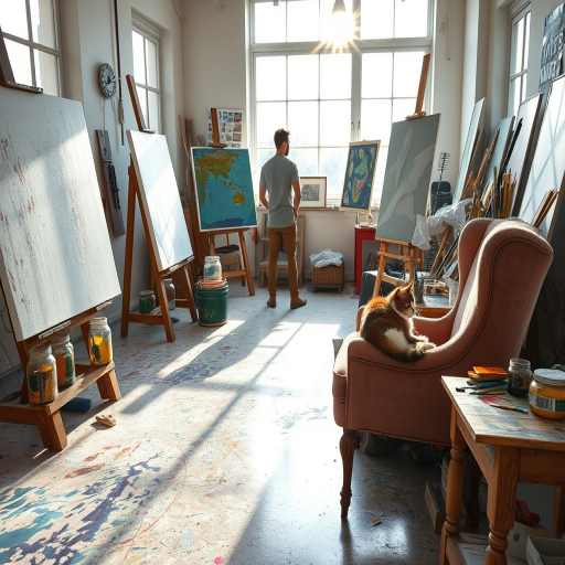 Clear, high-resolution image of an artist's studio, paint-splattered floor and easels with unfinished canvases, bright morning light streaming in through large windows, jars of paintbrushes on a cluttered table, a cat curled up on a worn-out chair, the artist standing in the background, contemplating their work.