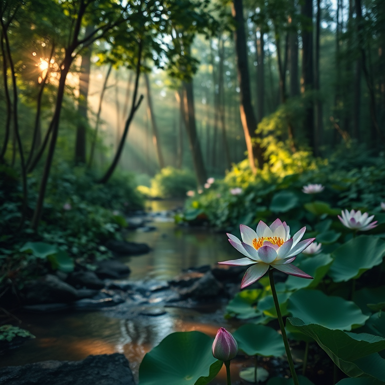 A tranquil forest scene with soft glowing lights, a gentle stream surrounded by lush greenery, and blooming lotus flowers in shades of pink and white, captured with a Canon EOS R5, f/2.8 aperture, 50mm lens, 1/60s shutter speed, and a wide angle view to enhance the ethereal atmosphere.