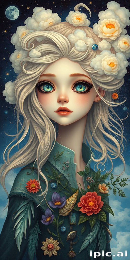 Create a series of imaginative portraits where each subject is infused with elements of fantasy and nature. The hair of the individuals should flow like clouds, varying from soft, fluffy cumulus to wispy cirrus strands, with hints of color reflecting a sunset or a clear blue sky. The eyes should be windows to entire galaxies, with stars, nebulae, and distant planets visible within them. Clothing should be adorned with nature motifs, such as floral patterns that bloom and change, vines that seem to grow and wrap around, or feathers that shimmer with iridescence. Each portrait should capture a unique personality, blending human features with the ethereal beauty of the natural and cosmic world. The backgrounds can vary, from starry night skies to enchanted forests, adding depth and context to the magical realism of the portraits