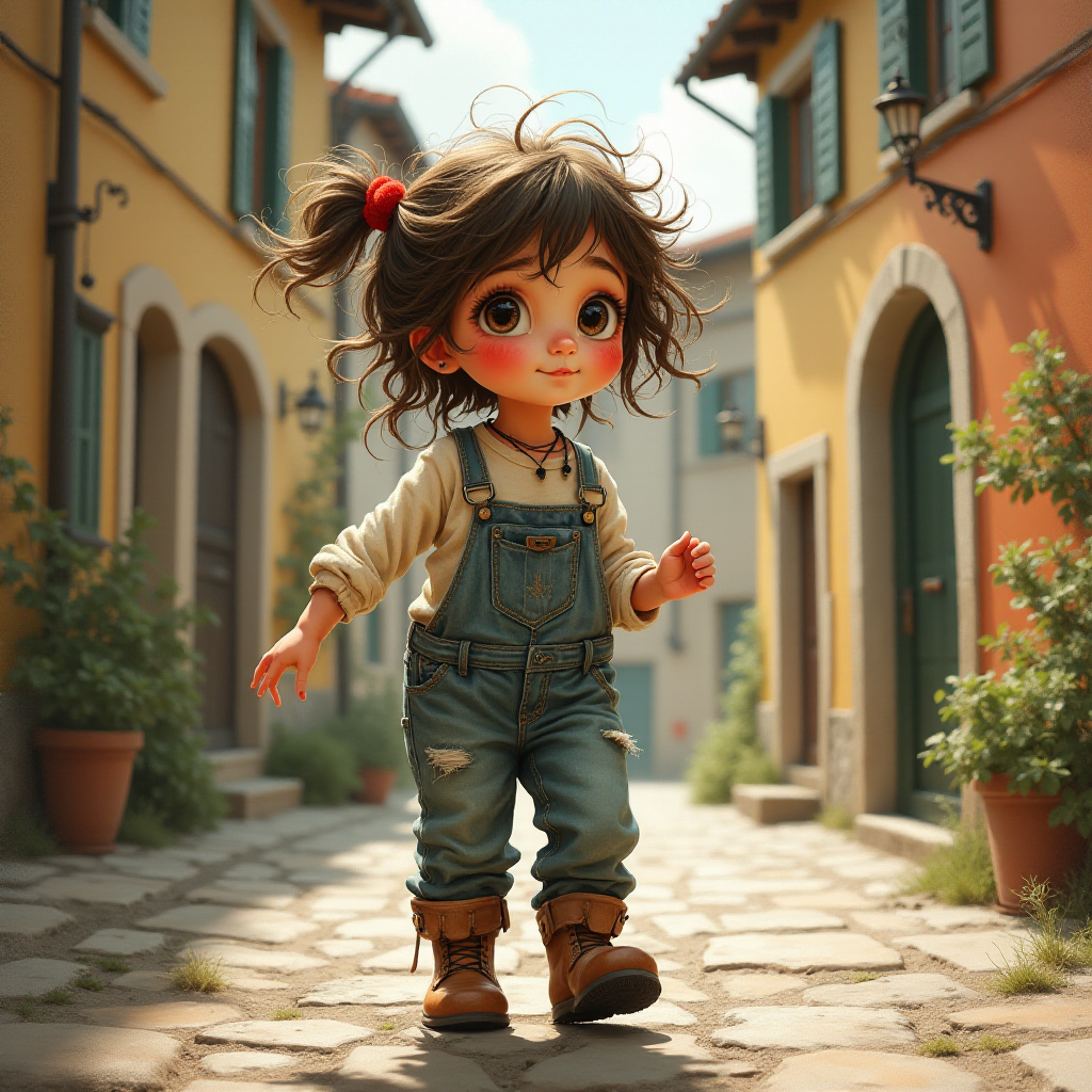 Whimsical little 3-year-old girl wearing scruffy tomboy clothes, boots, messy hair heavily blushed cheeks, pink lips, closely dancing in the street of an Italian village,Textured painterly fantasy artistic mixed media