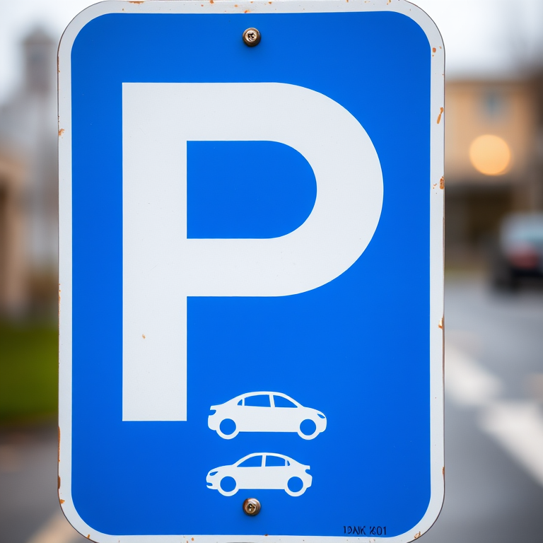 Create a high-resolution image of a parking sign with a large white "P" on a blue background and a small car icon underneath, using a DSLR camera with a 50mm lens, f/2.8 aperture, ISO 100, and a shallow depth of field for a crisp focus on the sign.