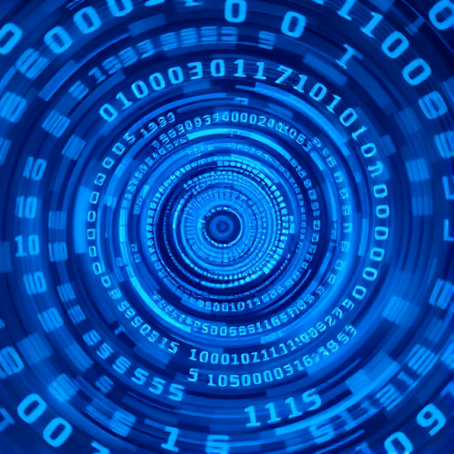 digital artwork of swirling binary numbers in varying shades of blue, captured with a Canon EOS R5, 24mm f/1.4 lens, aperture f/8, ISO 100, long exposure, circular motion effect