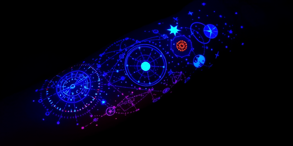 Mystical UV ink tattoo titled "Celestial Secrets" revealing hidden constellations and cosmic imagery when exposed to blacklight, creating a magical and otherworldly effect on the forearm