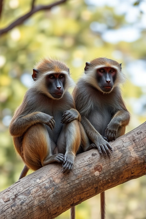 capture a close-up of baboons sitting on a large tree branch with a blurred natural background, using a DSLR camera with a 50mm lens, aperture f/2.8, ISO 400, at a shutter speed of 1/200s, in natural daylight with a focus on the baboons' textures and expressions