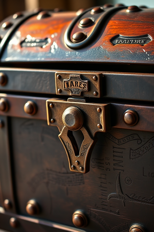 Create an image of a pirate treasure chest with intricate metalwork and a prominent lock, using a Canon EOS R5, 50mm lens, f/1.8 aperture, natural lighting, and a shallow depth of field to enhance the focus on the chest details.