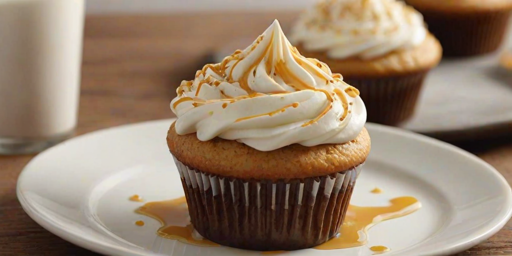 Generate an image of a delicious cupcake with a creamy frosting on top, featuring a gooey filling that oozes out from the center. The cupcake should have a light, fluffy texture and be adorned with a drizzle of vibrant sauce. The setting should be bright and inviting, with a simple plate underneath to highlight the treat.
